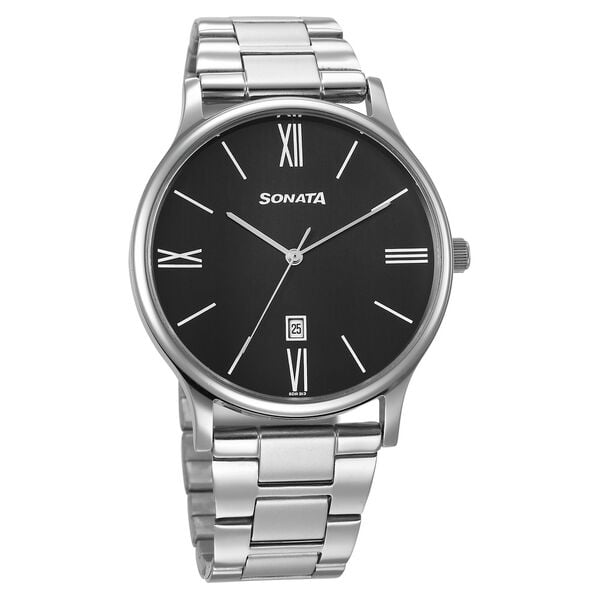 Sonata 77105SM21W Black Dial Analog Watch for Men – Silver Stainless Steel Strap, Quartz Movement