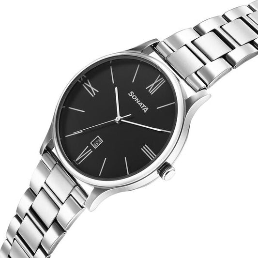 Sonata 77105SM21W Black Dial Analog Watch for Men – Silver Stainless Steel Strap, Quartz Movement