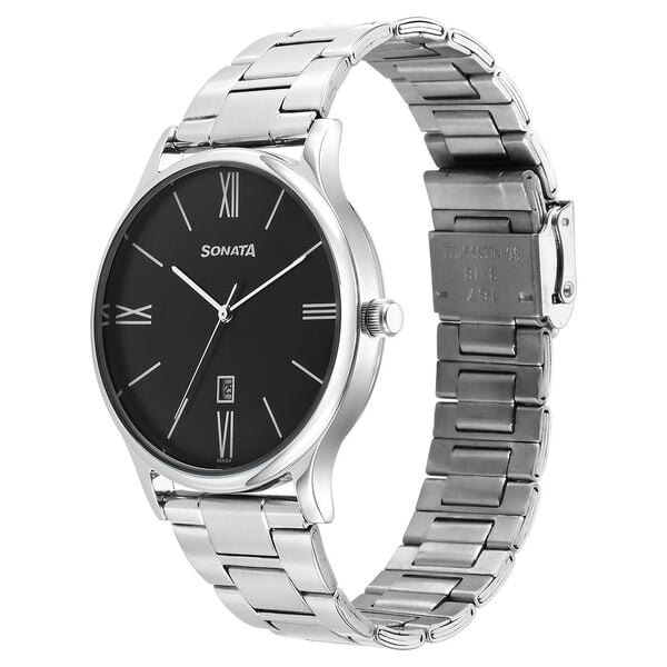 Sonata 77105SM21W Black Dial Analog Watch for Men – Silver Stainless Steel Strap, Quartz Movement