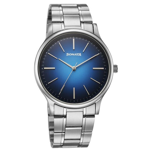Sonata 77105SM23W Aspire Men’s Quartz Analog Blue Dial Stainless Steel Strap Watch