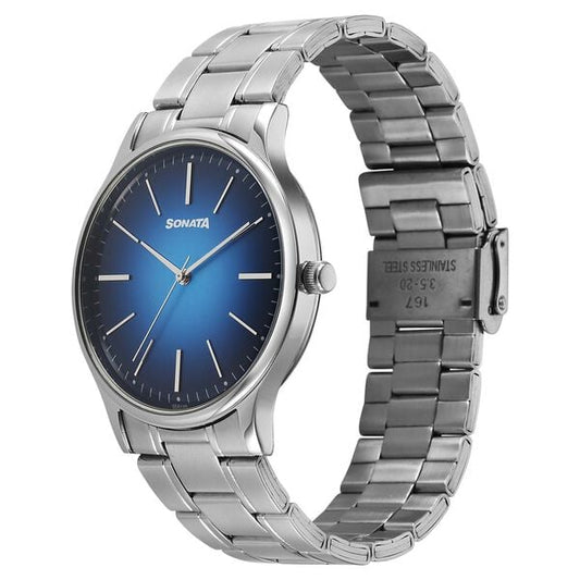 Sonata 77105SM23W Aspire Men’s Quartz Analog Blue Dial Stainless Steel Strap Watch