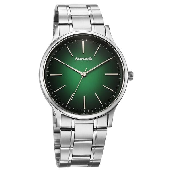 Sonata 77105SM24W Men Aspire Quartz Green Dial Stainless Steel Strap Watch