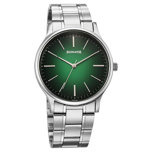 Sonata 77105SM24W Men Aspire Quartz Green Dial Stainless Steel Strap Watch