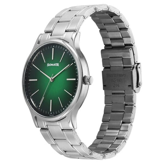 Sonata 77105SM24W Men Aspire Quartz Green Dial Stainless Steel Strap Watch