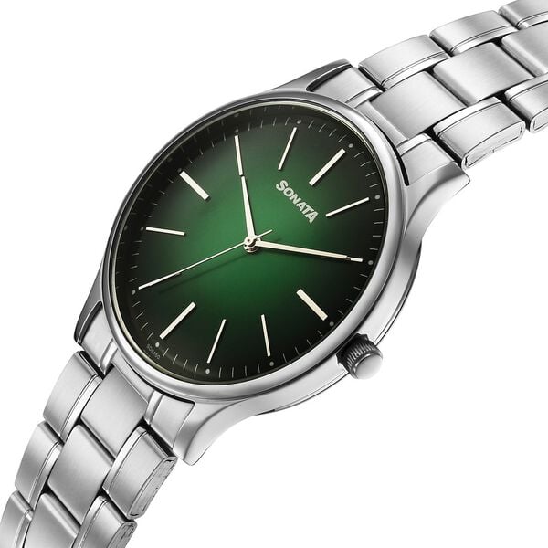 Sonata 77105SM24W Men Aspire Quartz Green Dial Stainless Steel Strap Watch