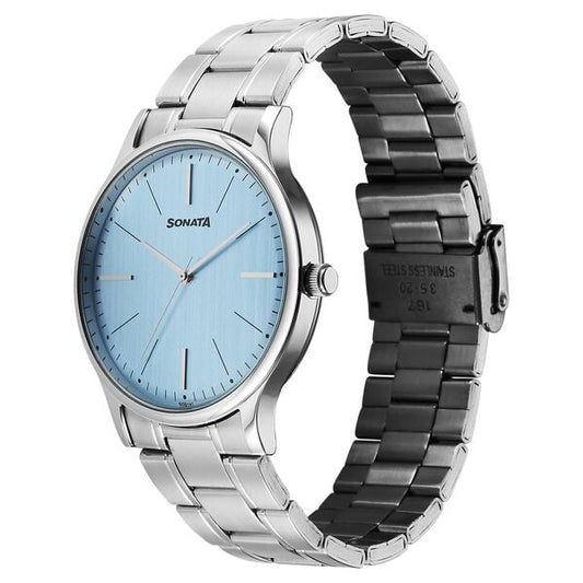 Sonata 77105SM29W Aspire Men’s Quartz Analog Blue Dial Stainless Steel Watch