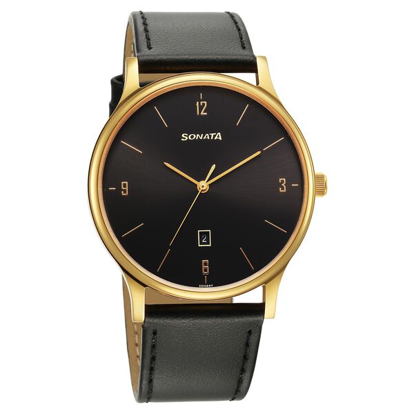 Sonata 77105YL03 Quartz Analog Black Dial Men’s Watch with Black Leather Strap