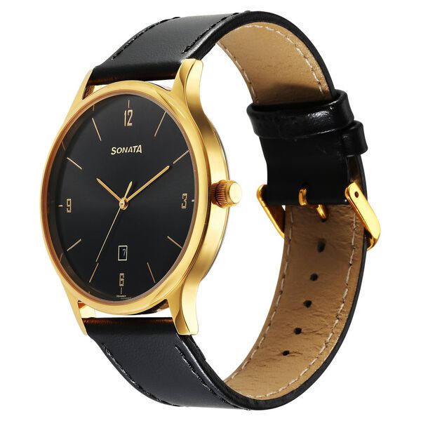 Sonata 77105YL03 Quartz Analog Black Dial Men’s Watch with Black Leather Strap