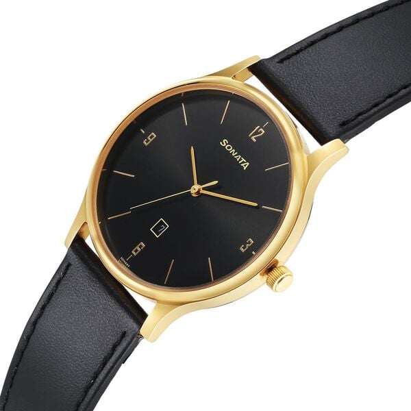 Sonata 77105YL03 Quartz Analog Black Dial Men’s Watch with Black Leather Strap