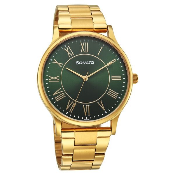 Sonata 77105YM07W Analog Quartz Watch for Men – Green Dial, Golden Metal Strap