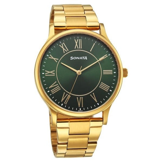 Sonata 77105YM07W Analog Quartz Watch for Men – Green Dial, Golden Metal Strap