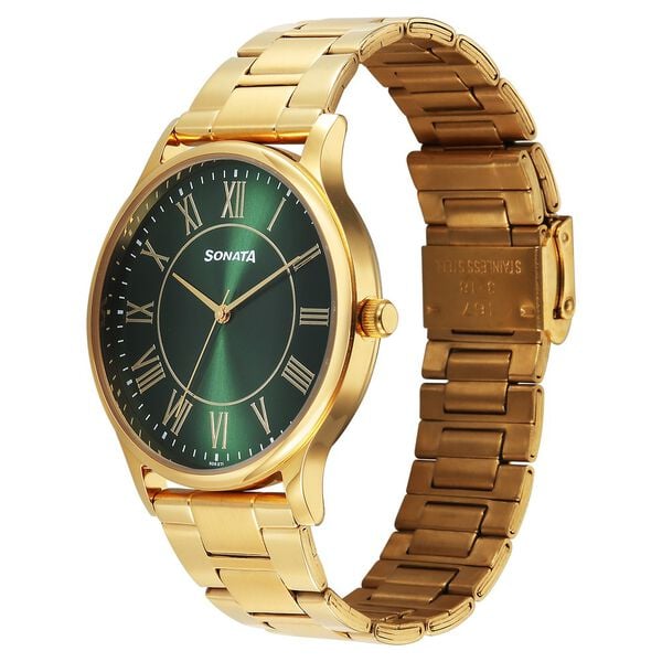 Sonata 77105YM07W Analog Quartz Watch for Men – Green Dial, Golden Metal Strap
