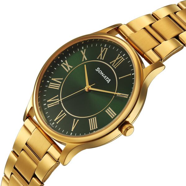 Sonata 77105YM07W Analog Quartz Watch for Men – Green Dial, Golden Metal Strap