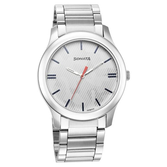Sonata 77106SM07W Analog Quartz Watch for Men – Silver Dial, Silver Stainless Steel Strap