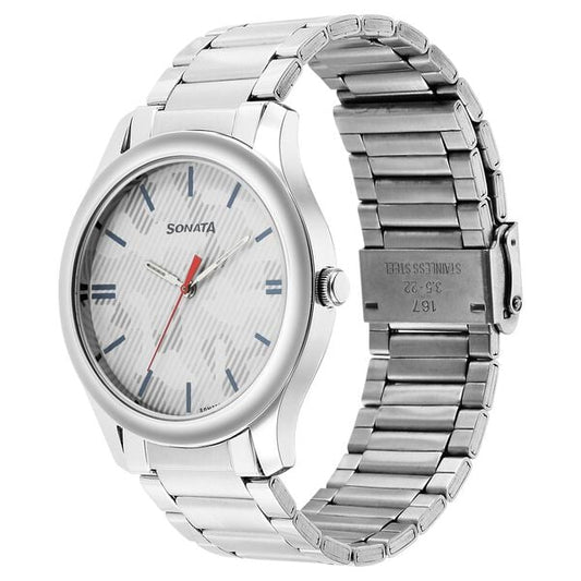 Sonata 77106SM07W Analog Quartz Watch for Men – Silver Dial, Silver Stainless Steel Strap