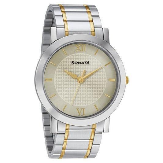 Sonata 77108BM01W Quartz Analog Champagne Dial Stainless Steel Strap Watch for Men