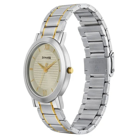 Sonata 77108BM01W Champagne Dial Men's Two-Tone Stainless Steel Analog Watch