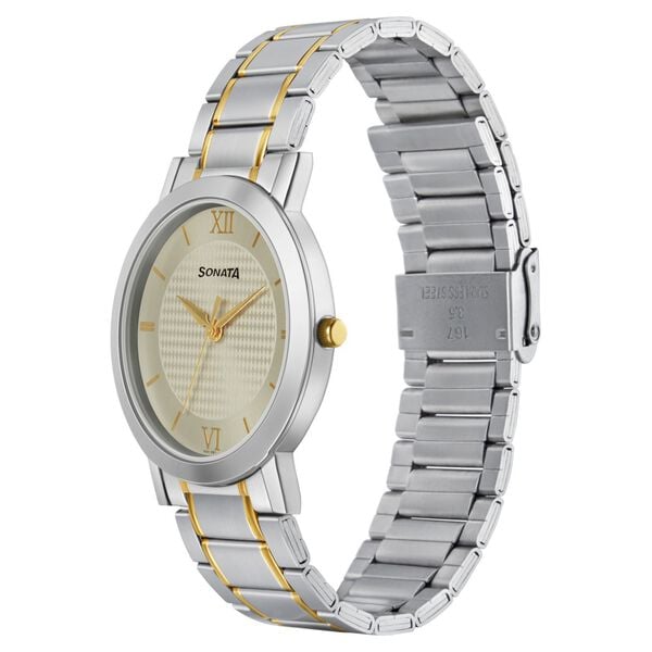 Sonata 77108BM01W Quartz Analog Champagne Dial Stainless Steel Strap Watch for Men