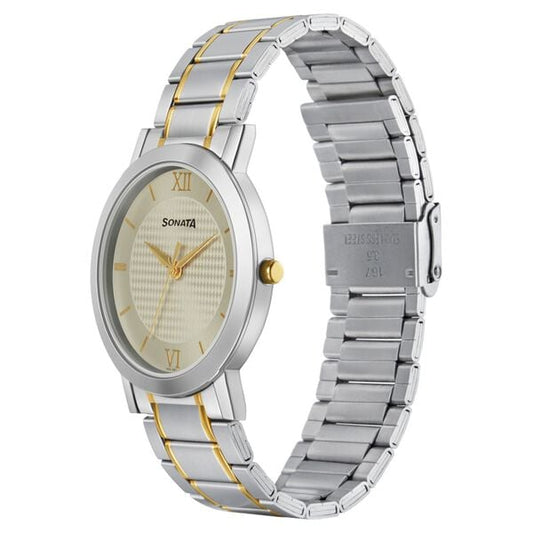 Sonata 77108BM01W Quartz Analog Champagne Dial Stainless Steel Strap Watch for Men