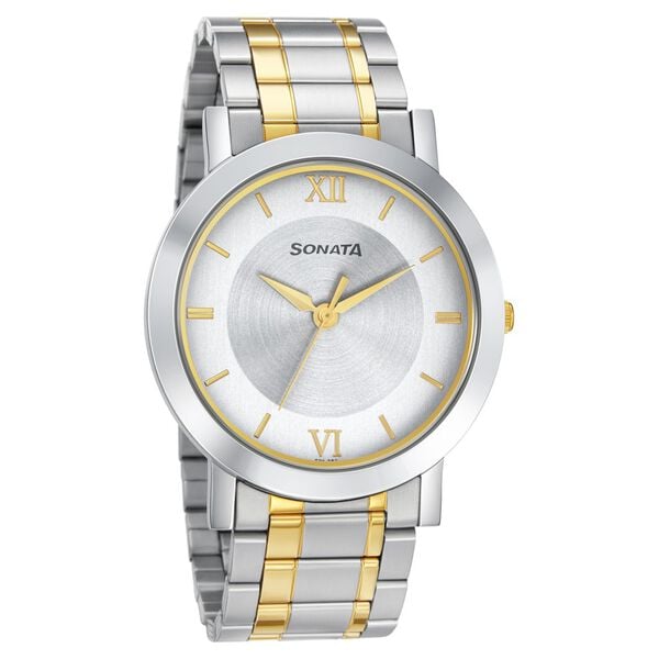 Sonata 77108BM02W Analog Quartz Watch for Men – Silver Dial, Two‑Tone Stainless Steel Strap