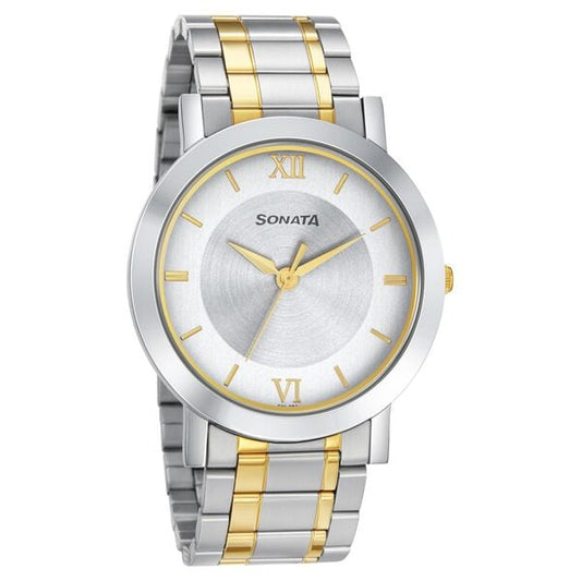 Sonata 77108BM02W Analog Quartz Watch for Men – Silver Dial, Two‑Tone Stainless Steel Strap