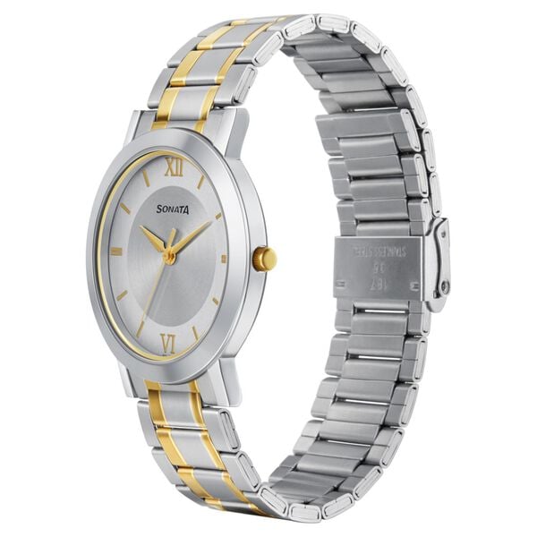 Sonata 77108BM02W Analog Quartz Watch for Men – Silver Dial, Two‑Tone Stainless Steel Strap