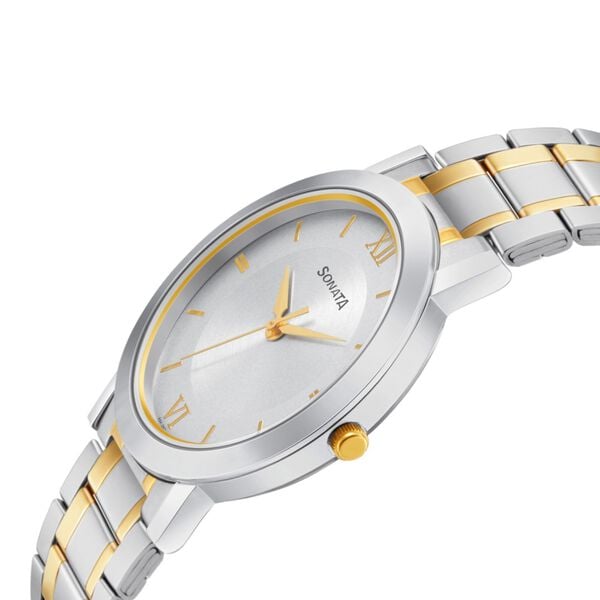 Sonata 77108BM02W Analog Quartz Watch for Men – Silver Dial, Two‑Tone Stainless Steel Strap