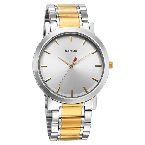 Sonata 77108BM04 Utsav Quartz Analog Silver Dial Two-Toned Stainless Steel Strap Watch for Men