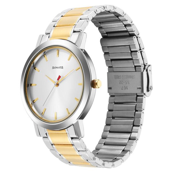 Sonata 77108BM04 Utsav Quartz Analog Silver Dial Two-Toned Stainless Steel Strap Watch for Men