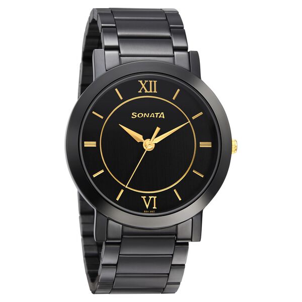Sonata 77108KM01W Quartz Analog Black Dial Black Metal Strap Watch for Men