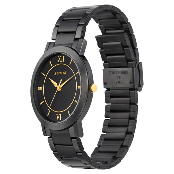 Sonata 77108KM01W Quartz Analog Black Dial Black Metal Strap Watch for Men
