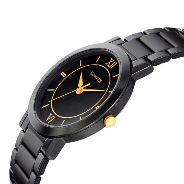 Sonata 77108KM01W Quartz Analog Black Dial Black Metal Strap Watch for Men