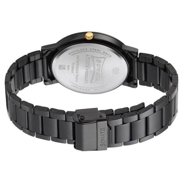 Sonata 77108KM01W Quartz Analog Black Dial Black Metal Strap Watch for Men