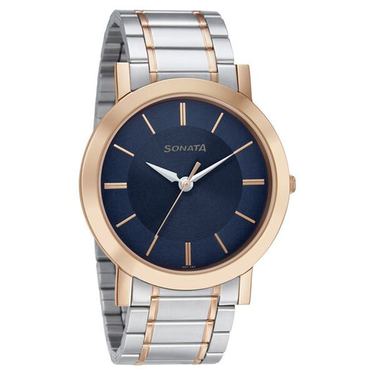 Sonata 77108KM02W Mens Blue Dial Stainless Steel Analog Quartz Watch