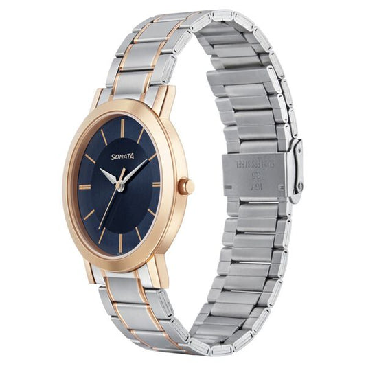 Sonata 77108KM02W Mens Blue Dial Stainless Steel Analog Quartz Watch