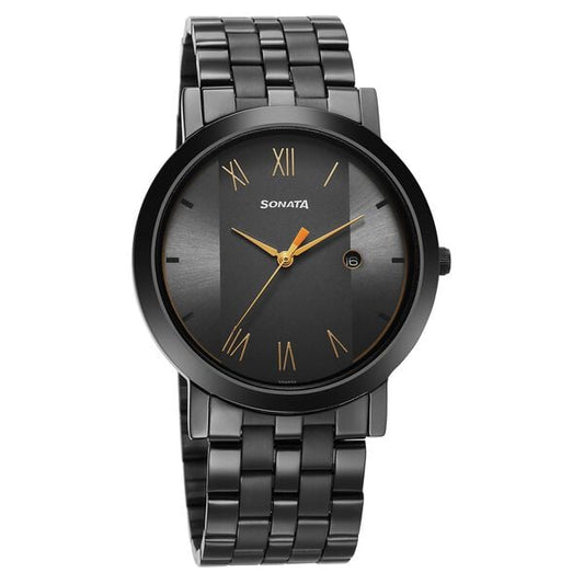 Sonata 77108NM01 Utsav Quartz Analog with Date Grey Dial Stainless Steel Strap Watch for Men