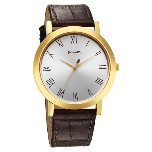 Sonata 77108YL01 Quartz Analog Silver Dial Men’s Watch with Brown Leather Strap
