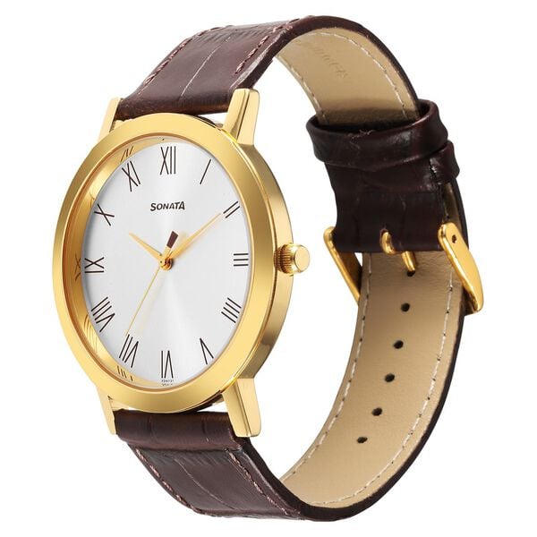 Sonata 77108YL01 Quartz Analog Silver Dial Men’s Watch with Brown Leather Strap