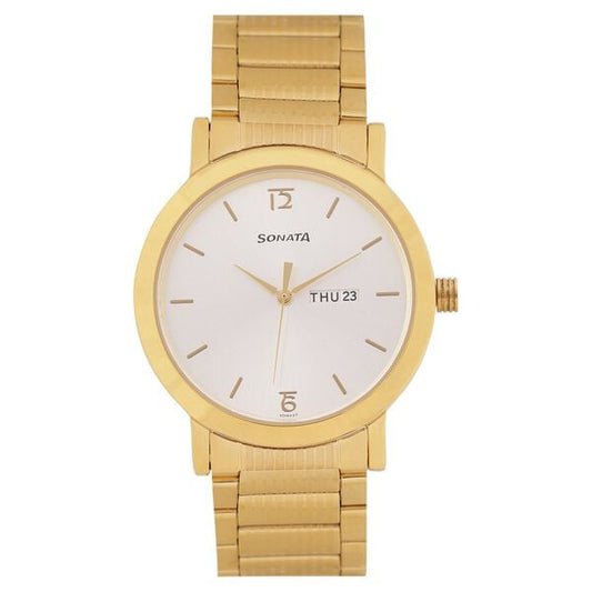 Sonata 77108YM02 Quartz Analog White Dial Men’s Watch with Stainless Steel Strap