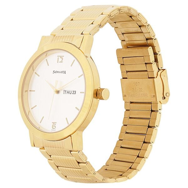 Sonata 77108YM02 Quartz Analog White Dial Men’s Watch with Stainless Steel Strap