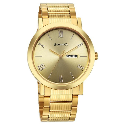 Sonata 77108YM11 Utsav Quartz Analog with Day and Date Champagne Dial Stainless Steel Strap Watch for Men