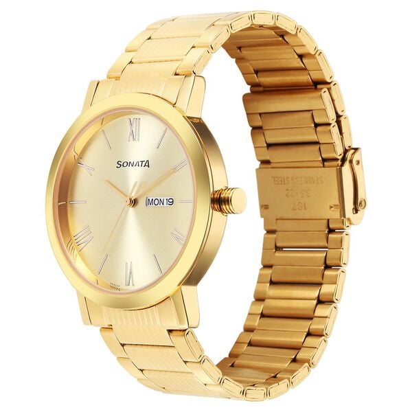 Sonata 77108YM11 Utsav Quartz Analog with Day and Date Champagne Dial Stainless Steel Strap Watch for Men