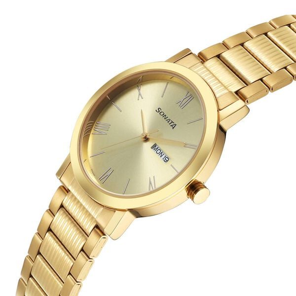 Sonata 77108YM11 Utsav Quartz Analog with Day and Date Champagne Dial Stainless Steel Strap Watch for Men