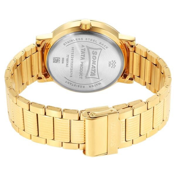 Sonata 77108YM11 Utsav Quartz Analog with Day and Date Champagne Dial Stainless Steel Strap Watch for Men