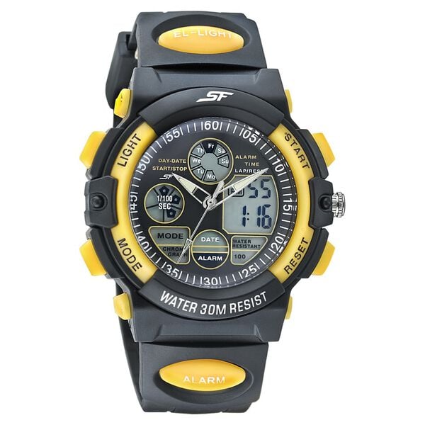 Sonata 77116PP01W SF Quartz Analog-Digital Black Dial Black & Yellow PU Strap Watch for Men