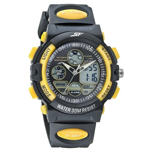 Sonata 77116PP01W SF Quartz Analog-Digital Black Dial Black & Yellow PU Strap Watch for Men