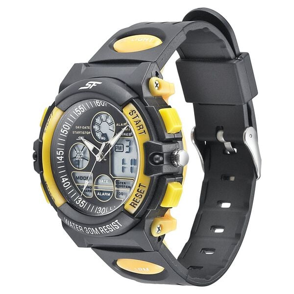 Sonata 77116PP01W SF Quartz Analog-Digital Black Dial Black & Yellow PU Strap Watch for Men