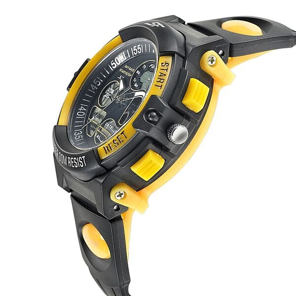 Sonata 77116PP01W SF Quartz Analog-Digital Black Dial Black & Yellow PU Strap Watch for Men