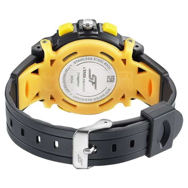 Sonata 77116PP01W SF Quartz Analog-Digital Black Dial Black & Yellow PU Strap Watch for Men