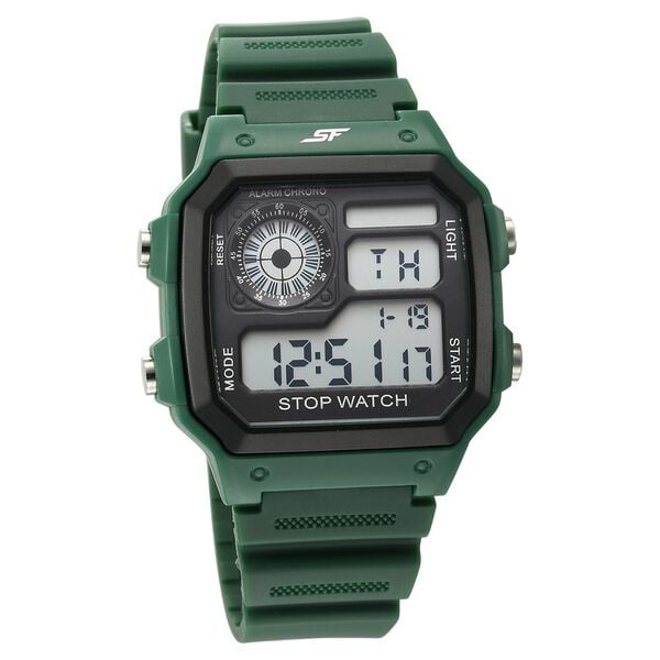 Green digital watch with a white background